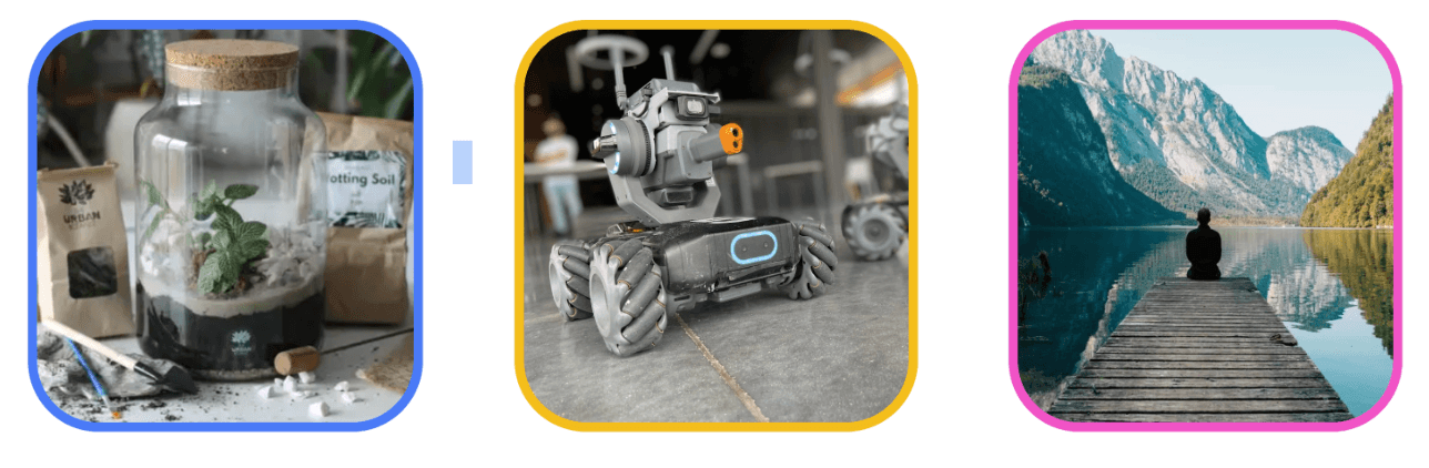 Three images: a terrarium kit with plants, a robotic rover with wheels, and a person sitting on a dock overlooking a lake and mountains.