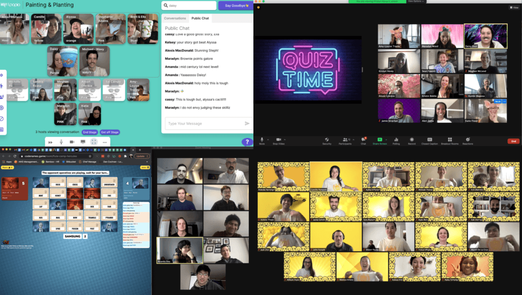 Collage of virtual events: painting class, quiz time, Codenames game, and group video calls with participants engaged in activities.