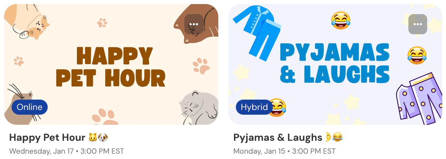 Image cards of 7shifts happy pet hour and pyjamas and laughs